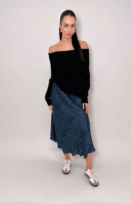 MIDI LEOPARD SILK TOUCH SKIRT | BLUE