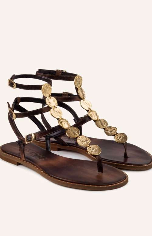 LEATHER SANDALS SOPHIA COINS | BROWN