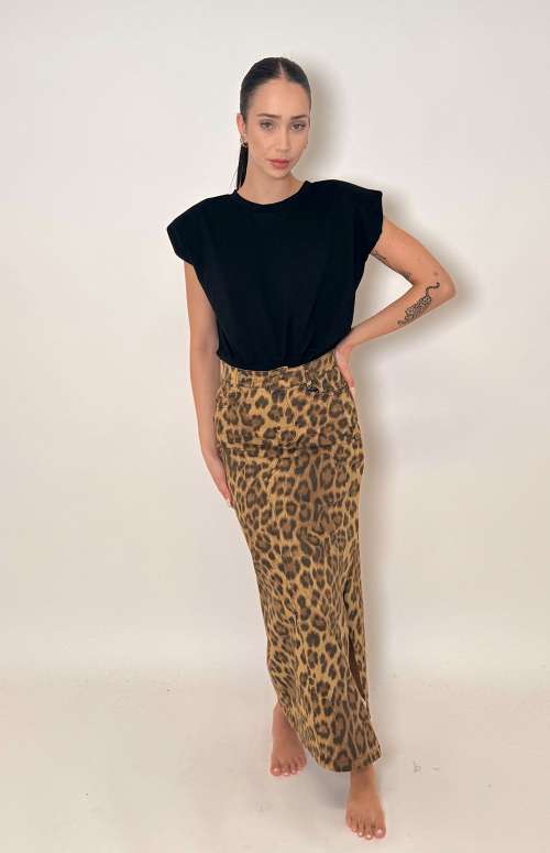 MAXI DENIM LIKE LEOPARD SKIRT