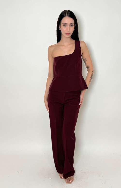 CO-ORD ONE SHOULDER TOP & FITTED PANTS | BURGUNDY