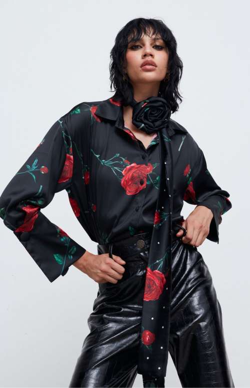 VIVIAN SHIRT | BLACK/RED PEONIES