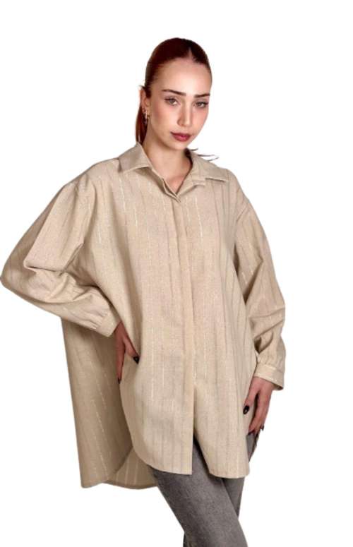 LINEN OVERSIZED SHIRT WITH SHINY STRIPES