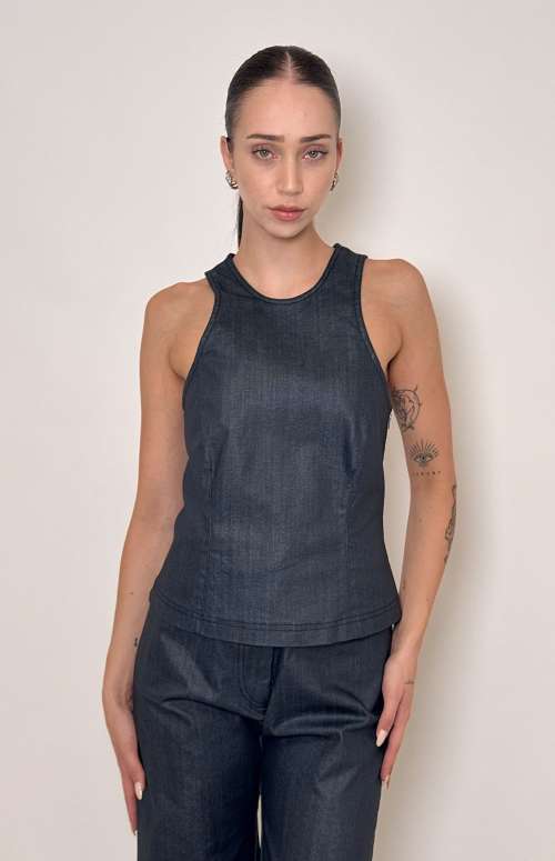 WAXED DENIM TOP | BLUE