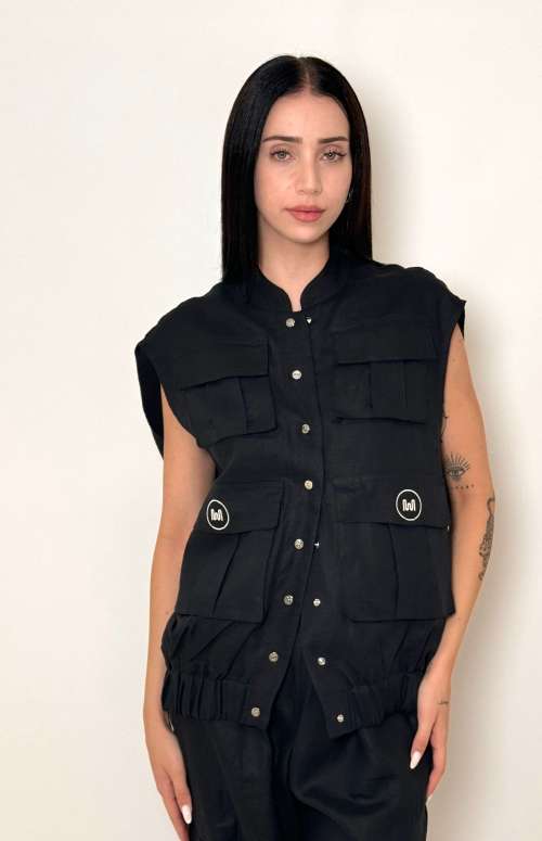 PURE LINEN SAFARI VEST | BLACK