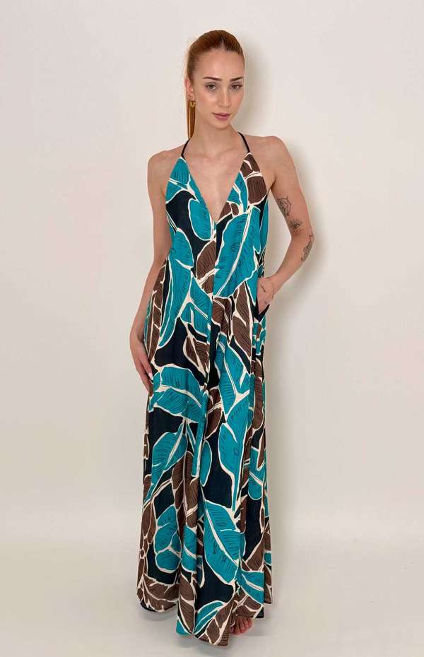 LONG HALTER DRESS WITH V-NECK | PETROL