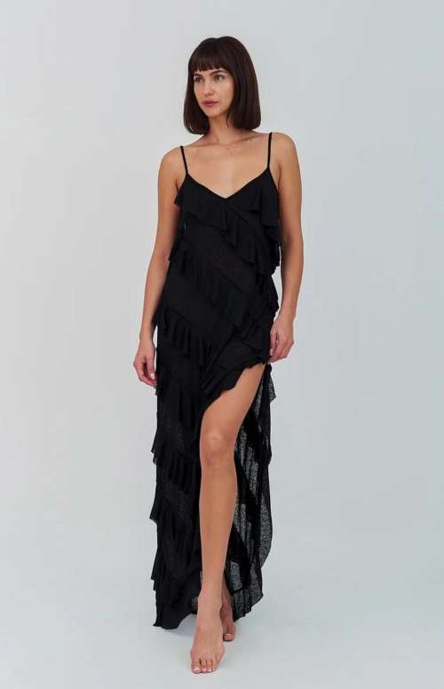 MERMAID ASYMMETRIC RUFFLE DRESS | BLACK