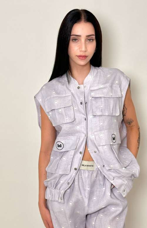 PURE LINEN SAFARI VEST | LILAC